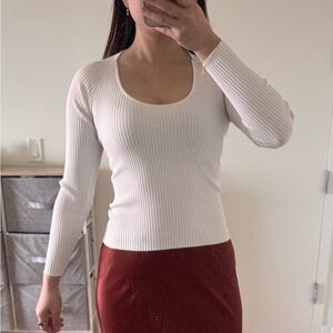 A.L.C. White Ribbed Long Sleeve Scoop Neck Top - XS